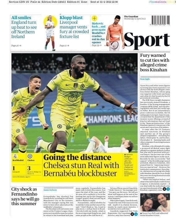 La sección de deportes de “The Guardian” cerró la portada antes del final del partido, y el Real Madrid se encargó de corregirles