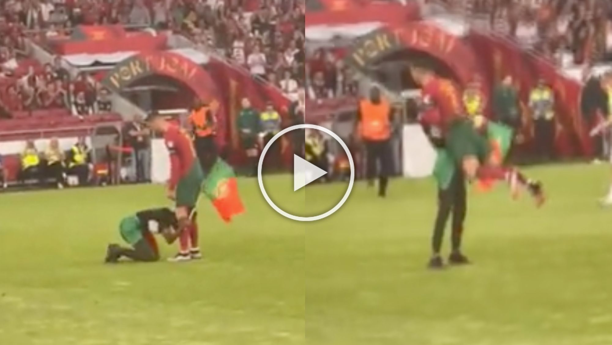 Un espontáneo salta al campo y levanta por los aires a Cristiano Ronaldo: su reacción es viral