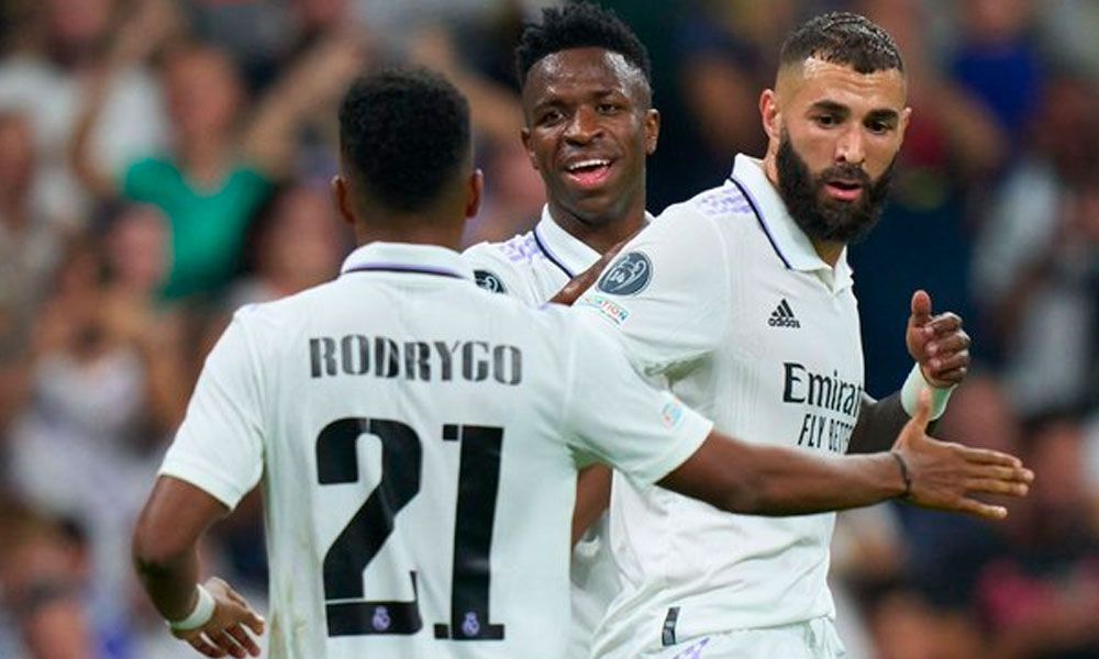Vinicius, Rodrygo y Benzema celebrando un gol de esta temporada 