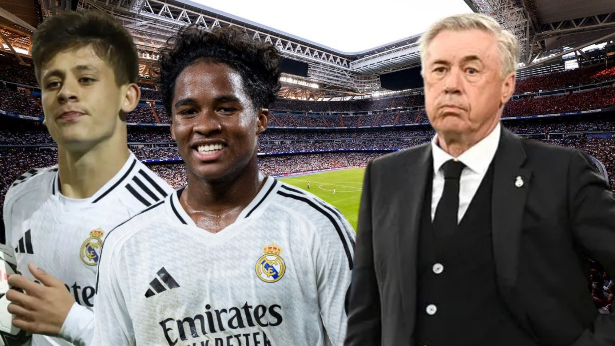 Arda Güler y Endrick, ante la atenta mirada de Carlo Ancelotti. Arda Güler y Endrick, ante la atenta mirada de Carlo Ancelotti.