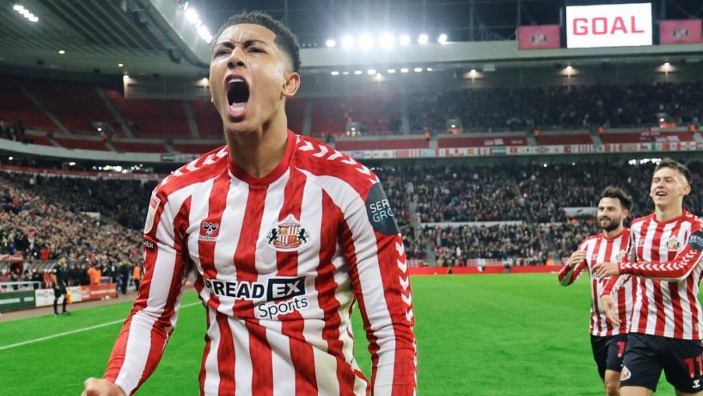 Jobe Bellingham con el Sunderland esta temporada celebrando un gol Jobe Bellingham con el Sunderland esta temporada celebrando un gol