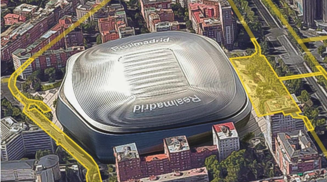 En amarillo, las zonas donde se situarán los aparcamientos subterráneos junto al estadio Santiago Bernabéu
