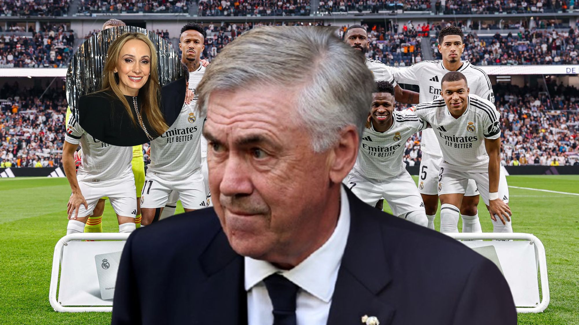 Carlo Ancelotti, su mujer y el once del Real Madrid contra el Osasuna. Carlo Ancelotti, su mujer y el once del Real Madrid contra el Osasuna.