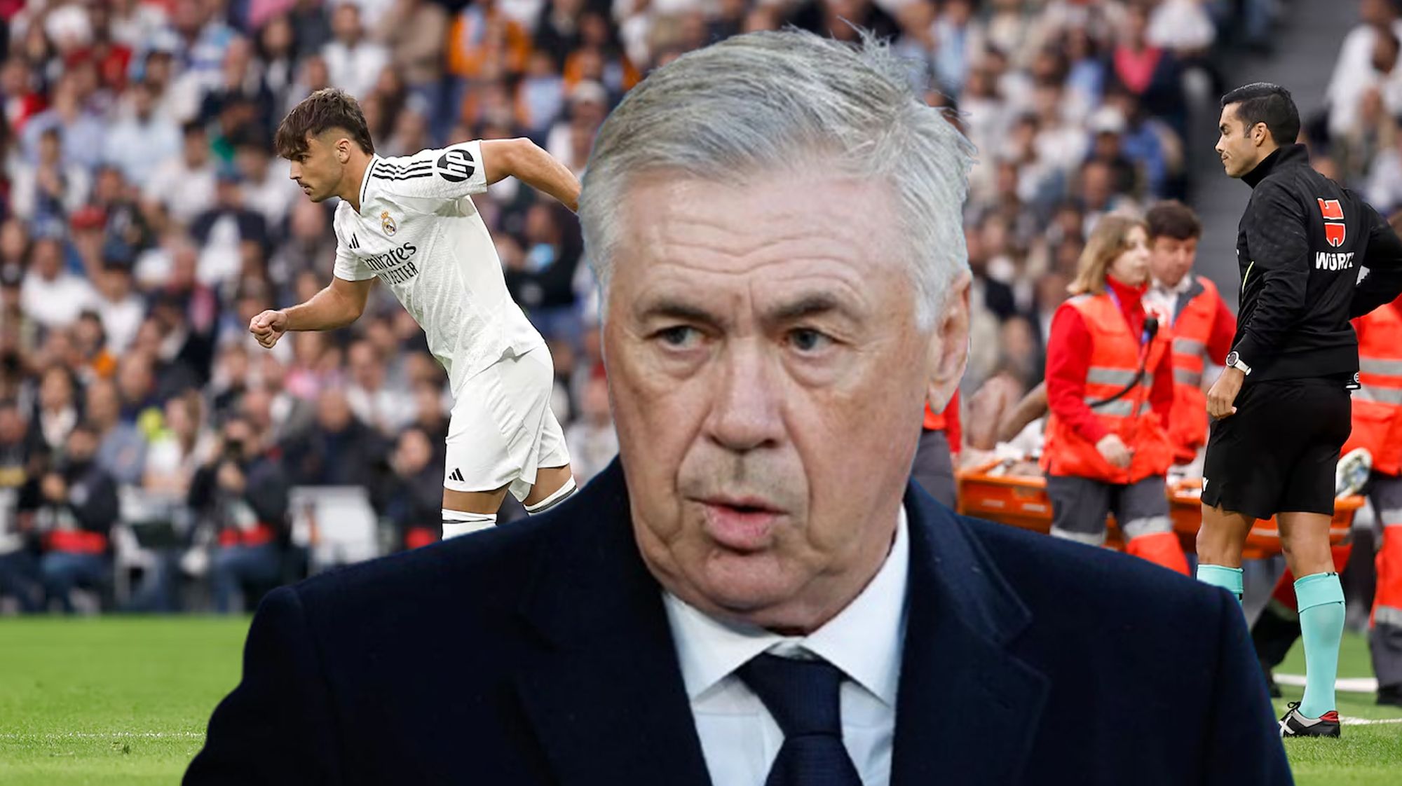 Carlo Ancelotti y una imagen del debut de Raúl Asencio.