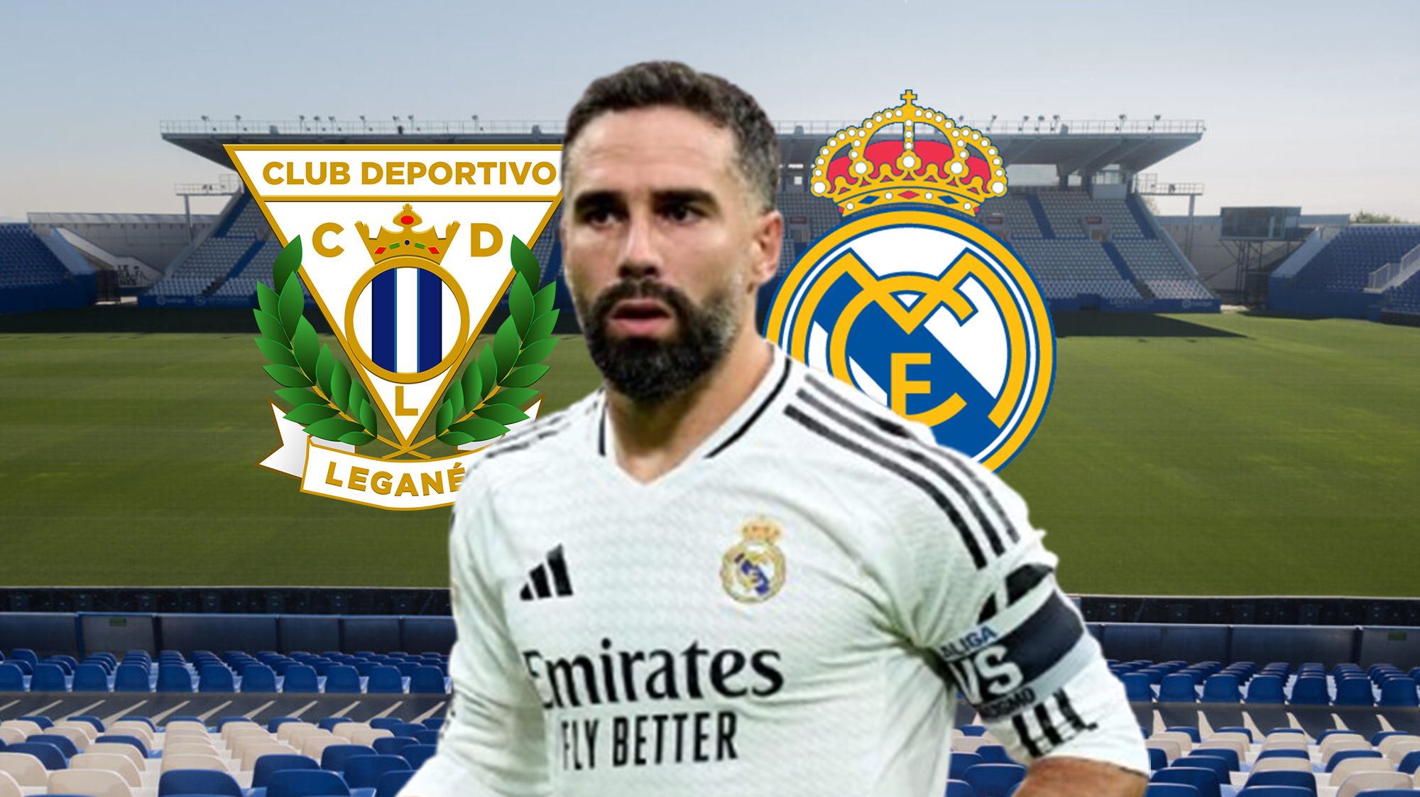 Dani Carvajal con lo escudos del Leganés y el Real Madrid.