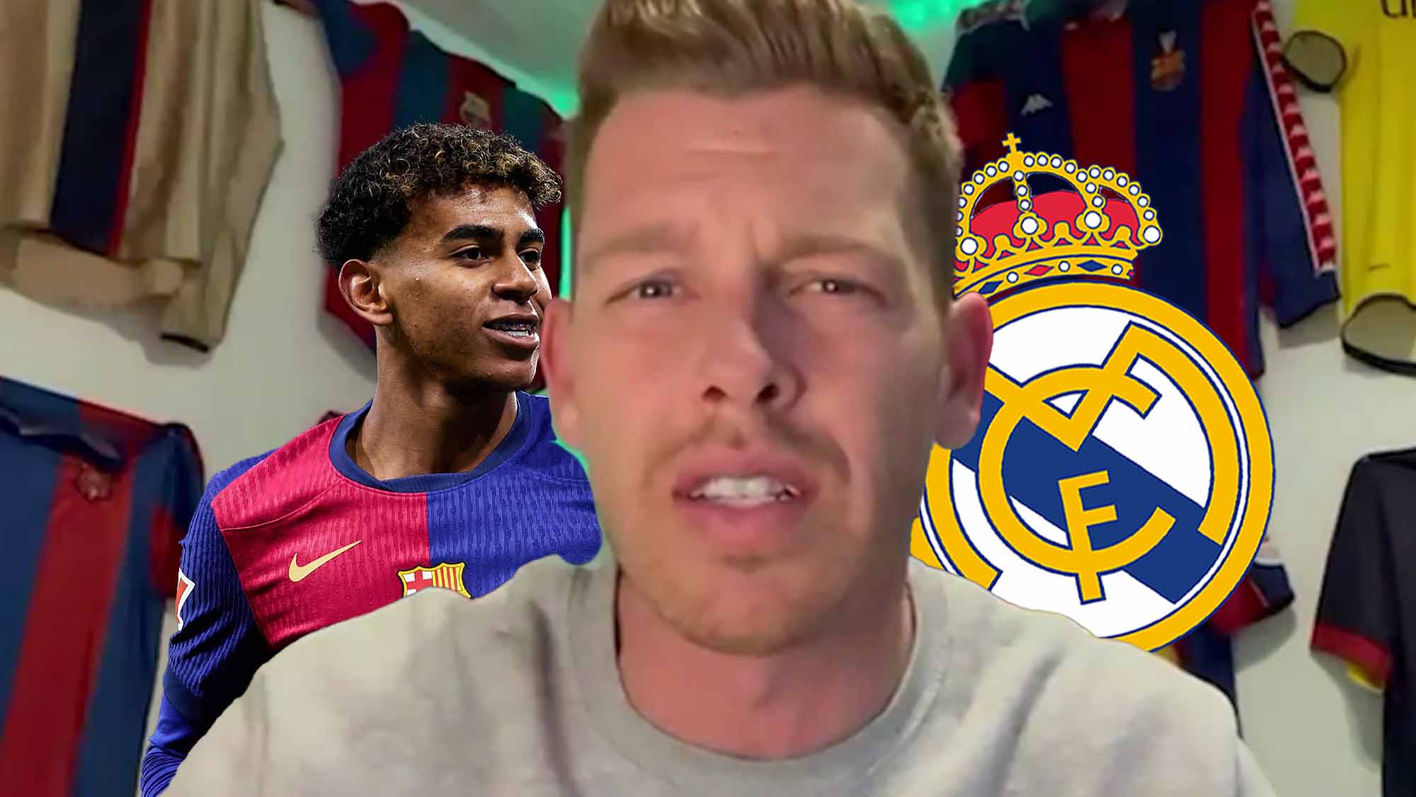 Jota Jordi provocando con escudo del Real Madrid y Lamine Yamal de fondo