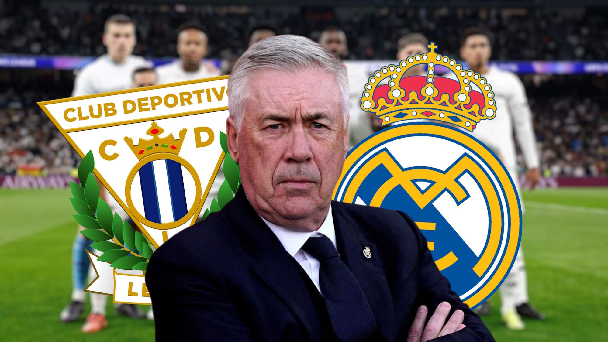 Carlo Ancelotti serio frente a un once titular del Real Madrid y los escudos del Leganés y el Real Madrid