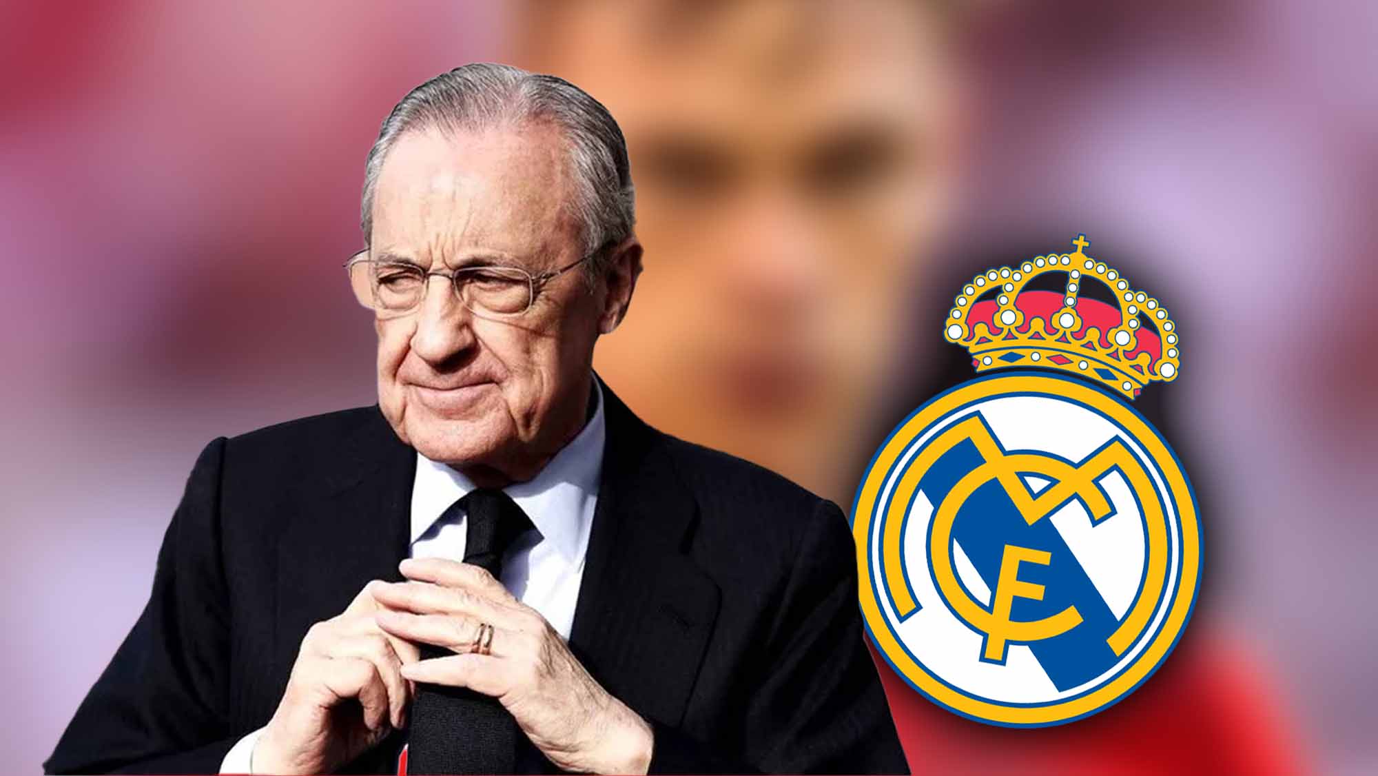 Florentino serio con escudo Real Madrid y jugador oculto de fondo Florentino serio con escudo Real Madrid y jugador oculto de fondo