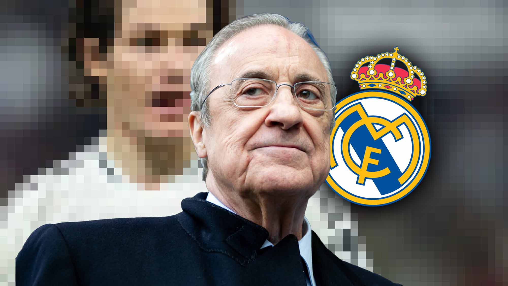 Florentino sonriente y confiado con escudo Real Madrid y jugador pixelado