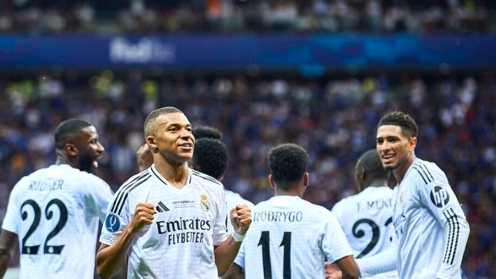 Kylian Mbappé, celebrando su primer gol con el Madrid ante la Atalanta, en la Supercopa de Europa jugada el pasado mes de agosto. Kylian Mbappé, celebrando su primer gol con el Madrid ante la Atalanta, en la Supercopa de Europa jugada el pasado mes de agosto.