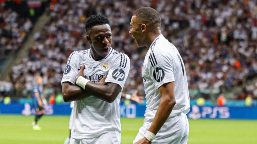 Vinicius Junior y Kylian Mbappé, celebrando un gol del segundo, en la pasada final de la Supercopa de Europa ante la Atalanta. Vinicius Junior y Kylian Mbappé, celebrando un gol del segundo, en la pasada final de la Supercopa de Europa ante la Atalanta.