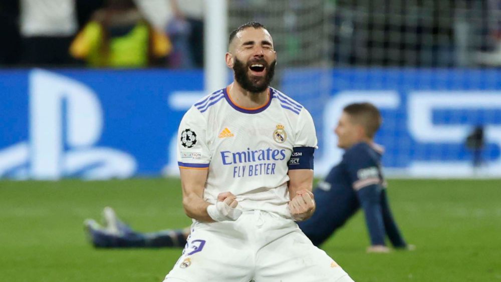 Karim Benzema, celebrando una victoria del Madrid en la Liga de Campeones. Karim Benzema, celebrando una victoria del Madrid en la Liga de Campeones.