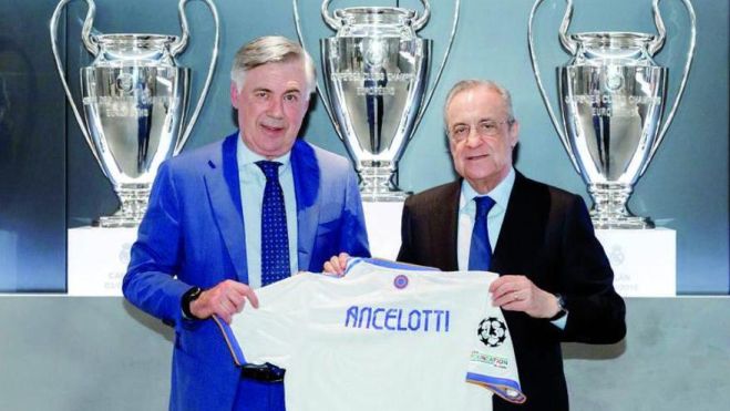 Momento en el que Carlo Ancelotti es presentado como entrenador del Real Madrid en su segunda etapa. Momento en el que Carlo Ancelotti es presentado como entrenador del Real Madrid en su segunda etapa.