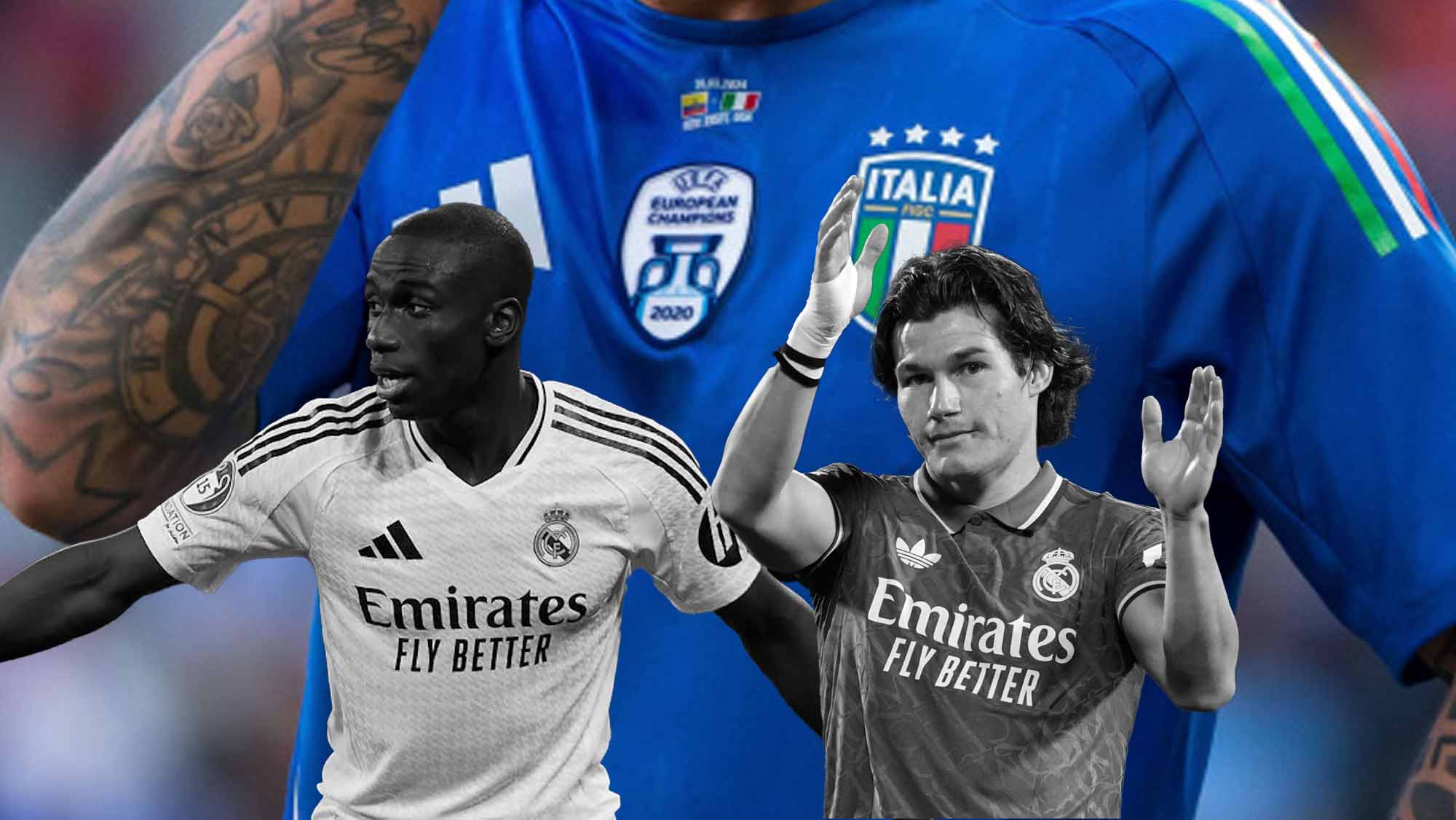 Mendy y Fran García en blanco y negro con jugador italiano de fondo