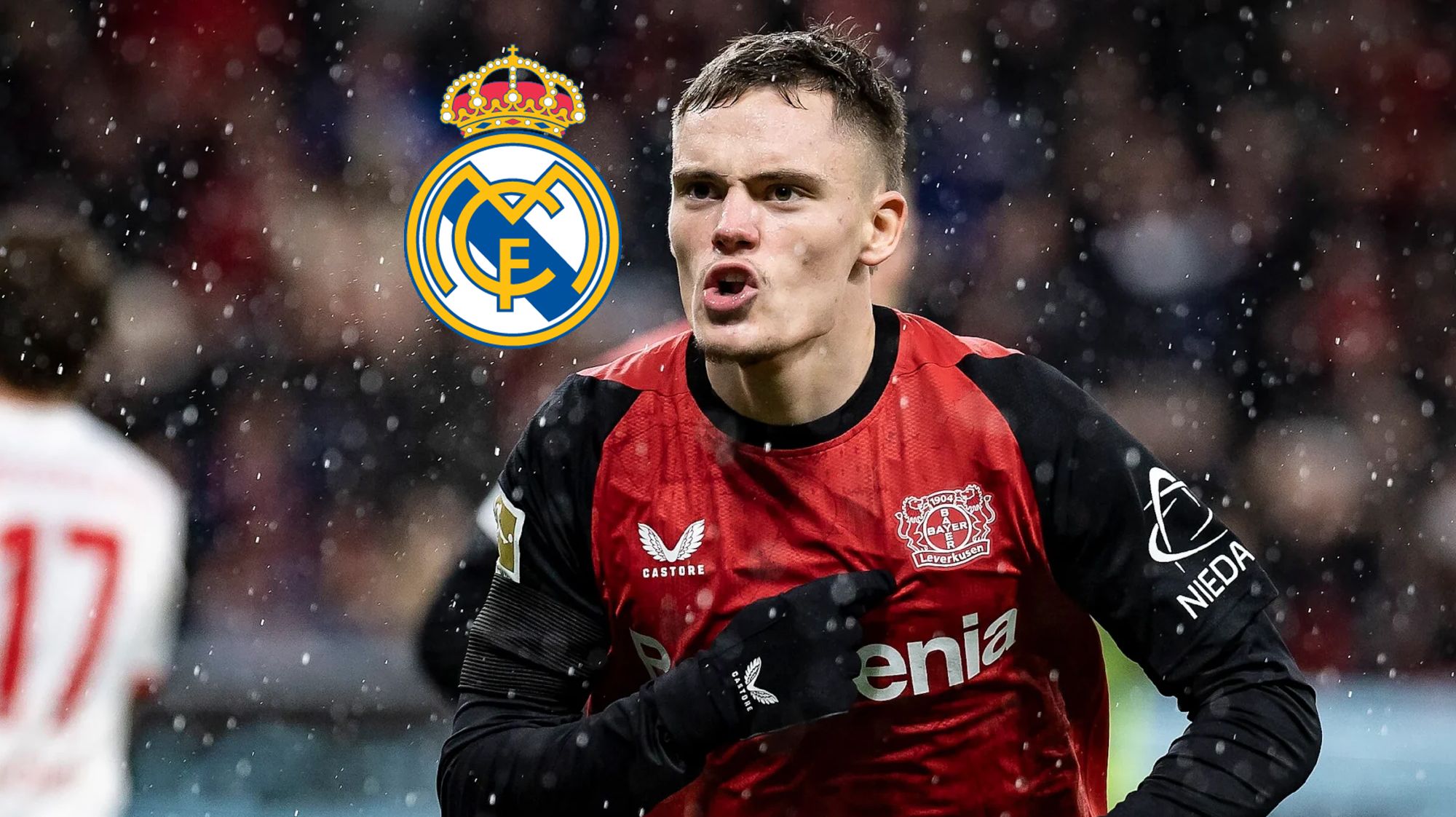 Florian Wirtz y un escudo del Real Madrid.