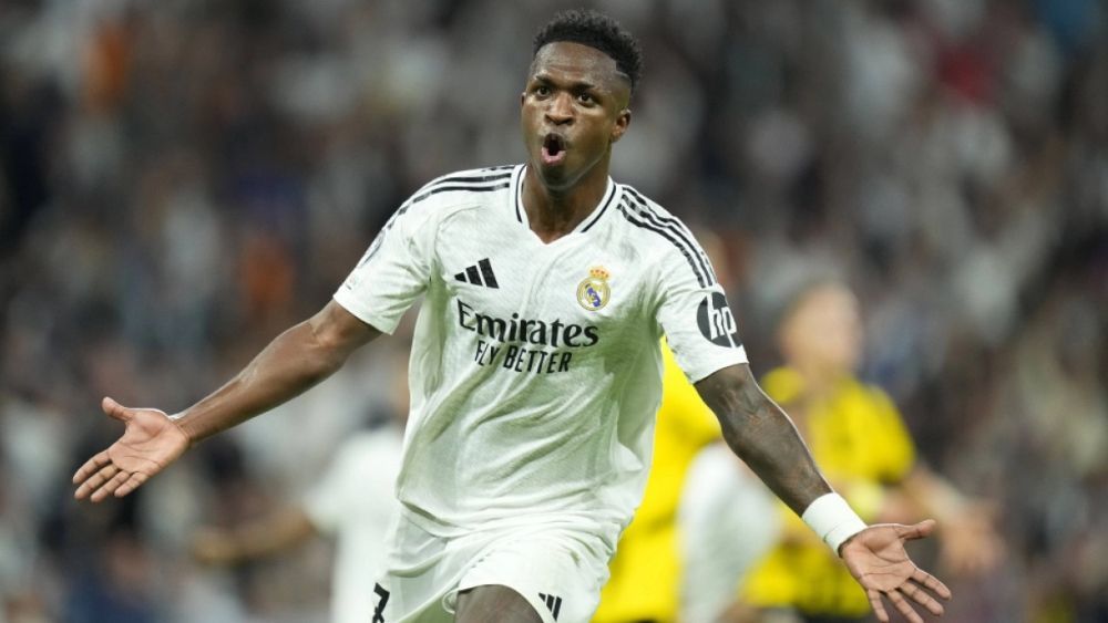 Vinicius Junior, en un partido de esta temporada, celebrando un gol en el Santiago Bernabéu.