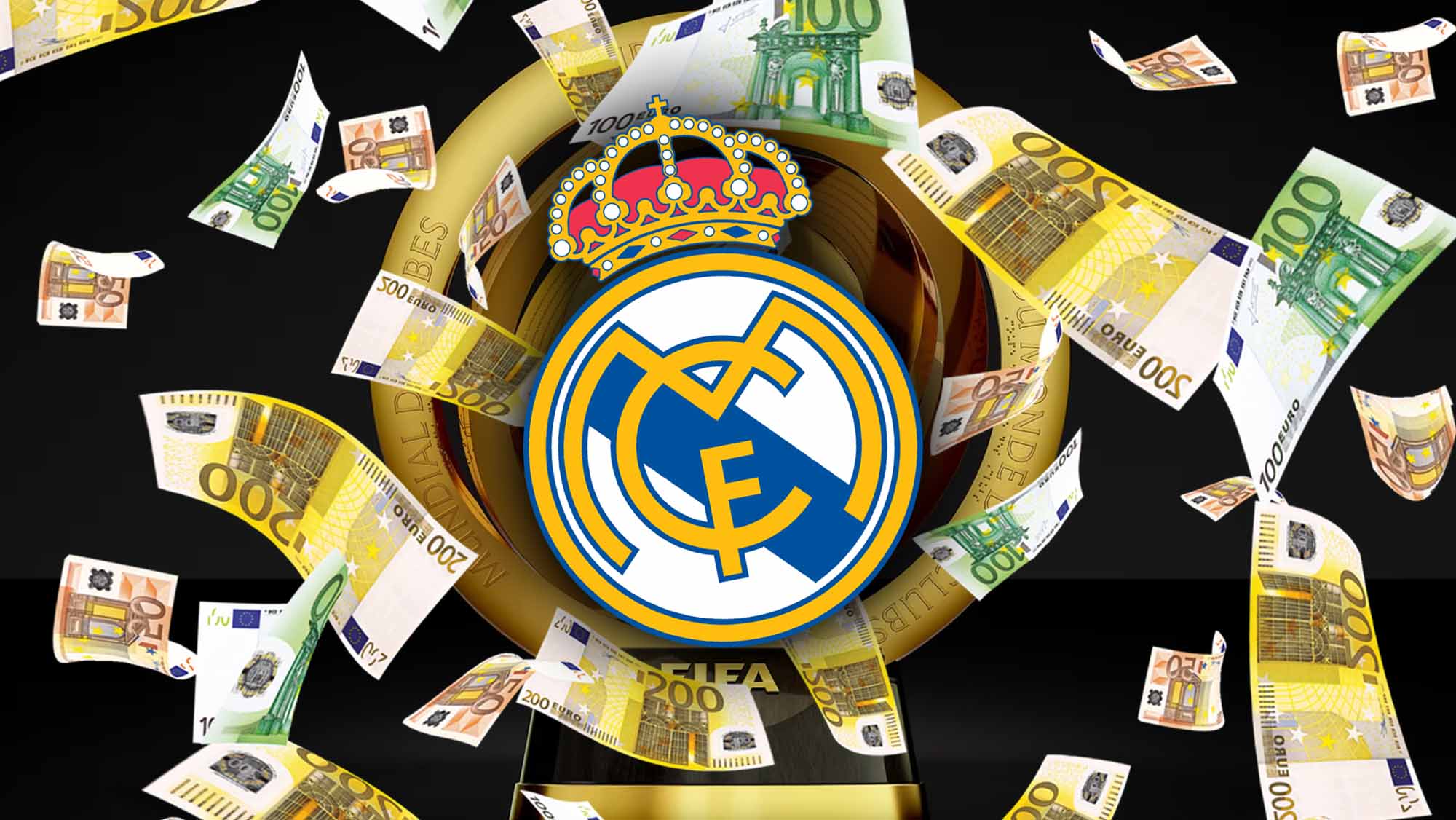 Trofeo Mundial de Clubes 2025 con escudo RM y lluvia de dinero