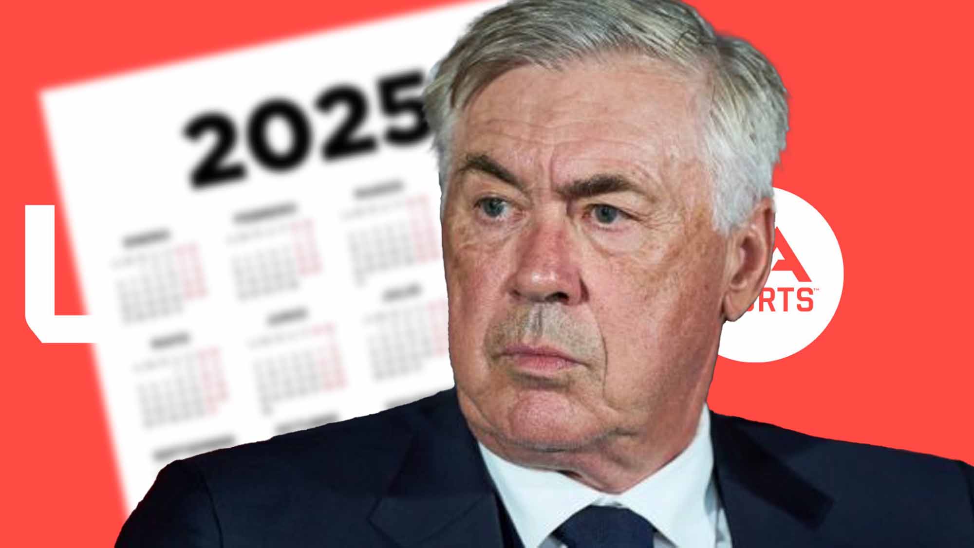 Ancelotti molesto con calendario y logo LaLiga detrás