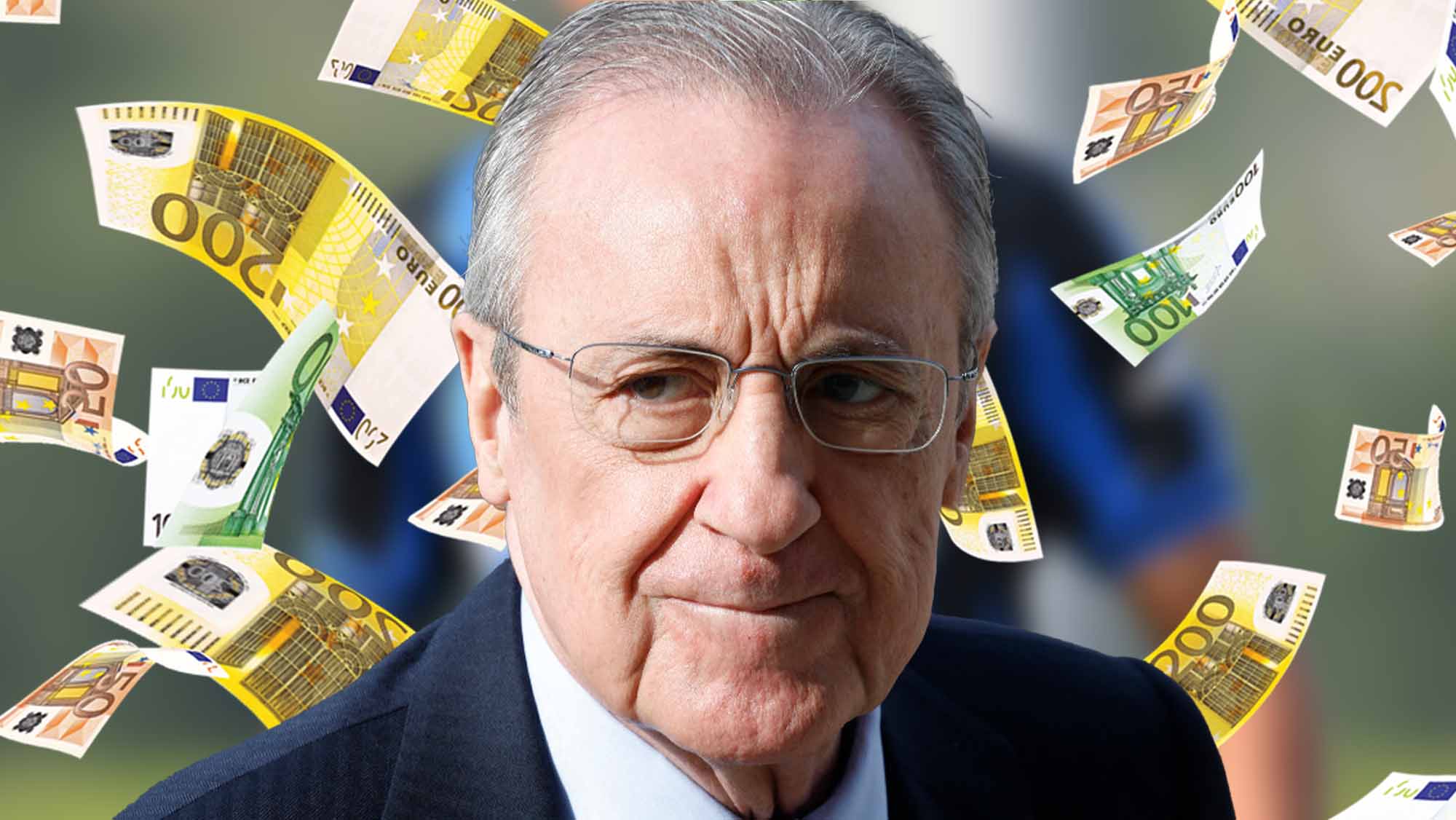 Florentino serio con lluvia de dinero y jugador de incógnito