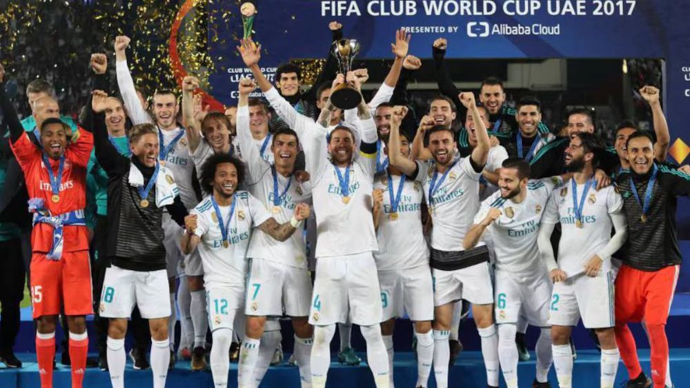 El Real Madrid, celebrando el Mundial de Clubes de 2017, el tercero en la historia del club.