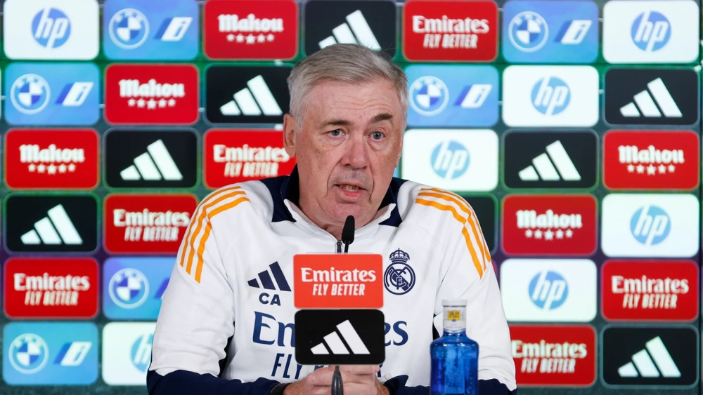 Carlo Ancelotti durante la rueda de prensa previa al partido frente al Valencia CF. Carlo Ancelotti durante la rueda de prensa previa al partido frente al Valencia CF.
