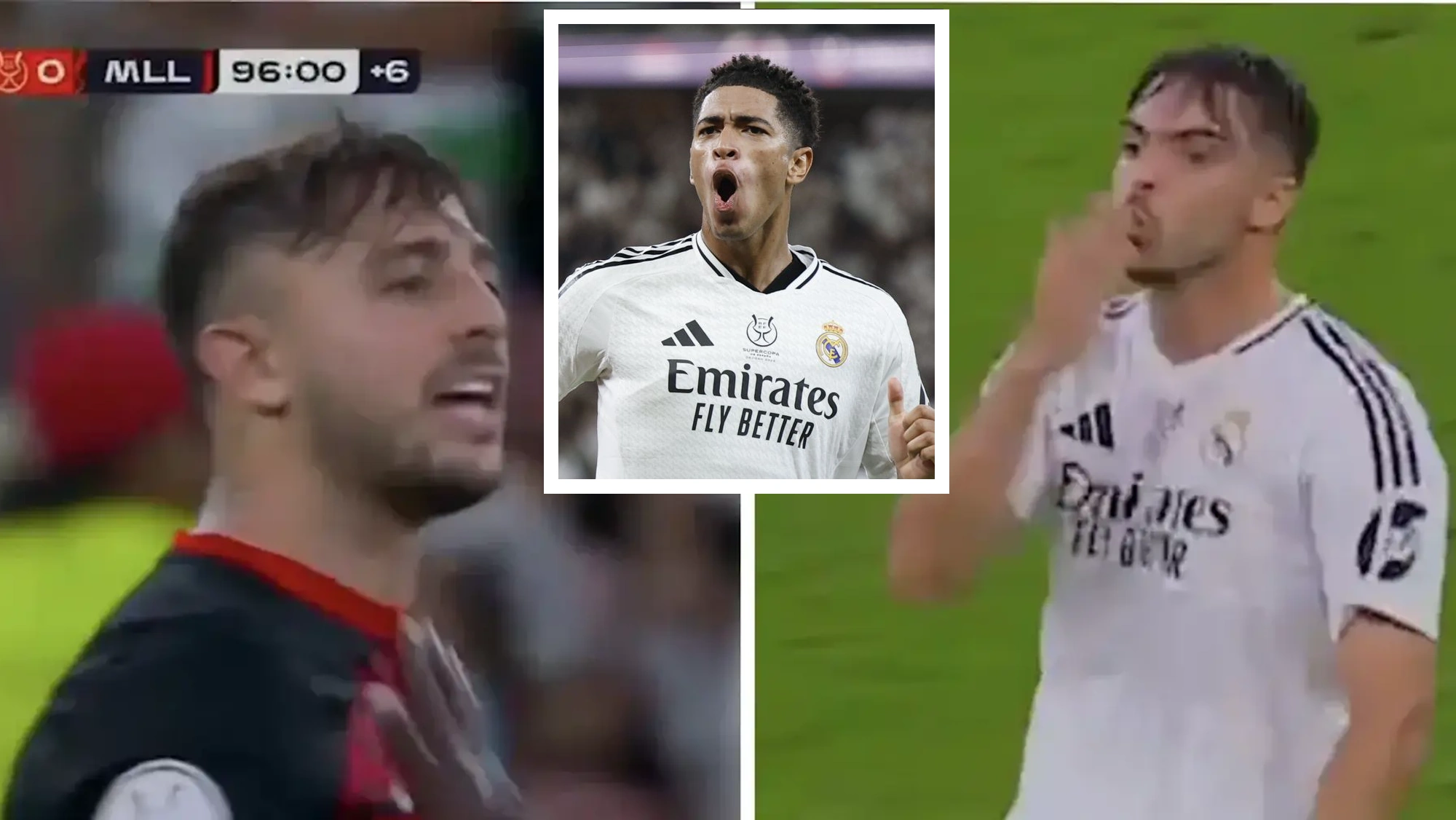 Maffeo y Asencio al final del partido y Bellingham en recuadro celebrando Maffeo y Asencio al final del partido y Bellingham en recuadro celebrando