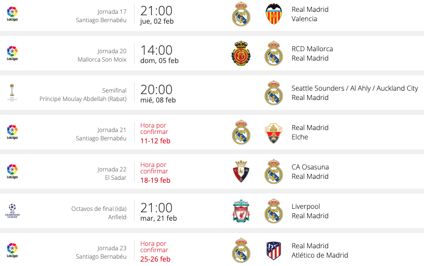 Próximos partidos del Real Madrid en febrero