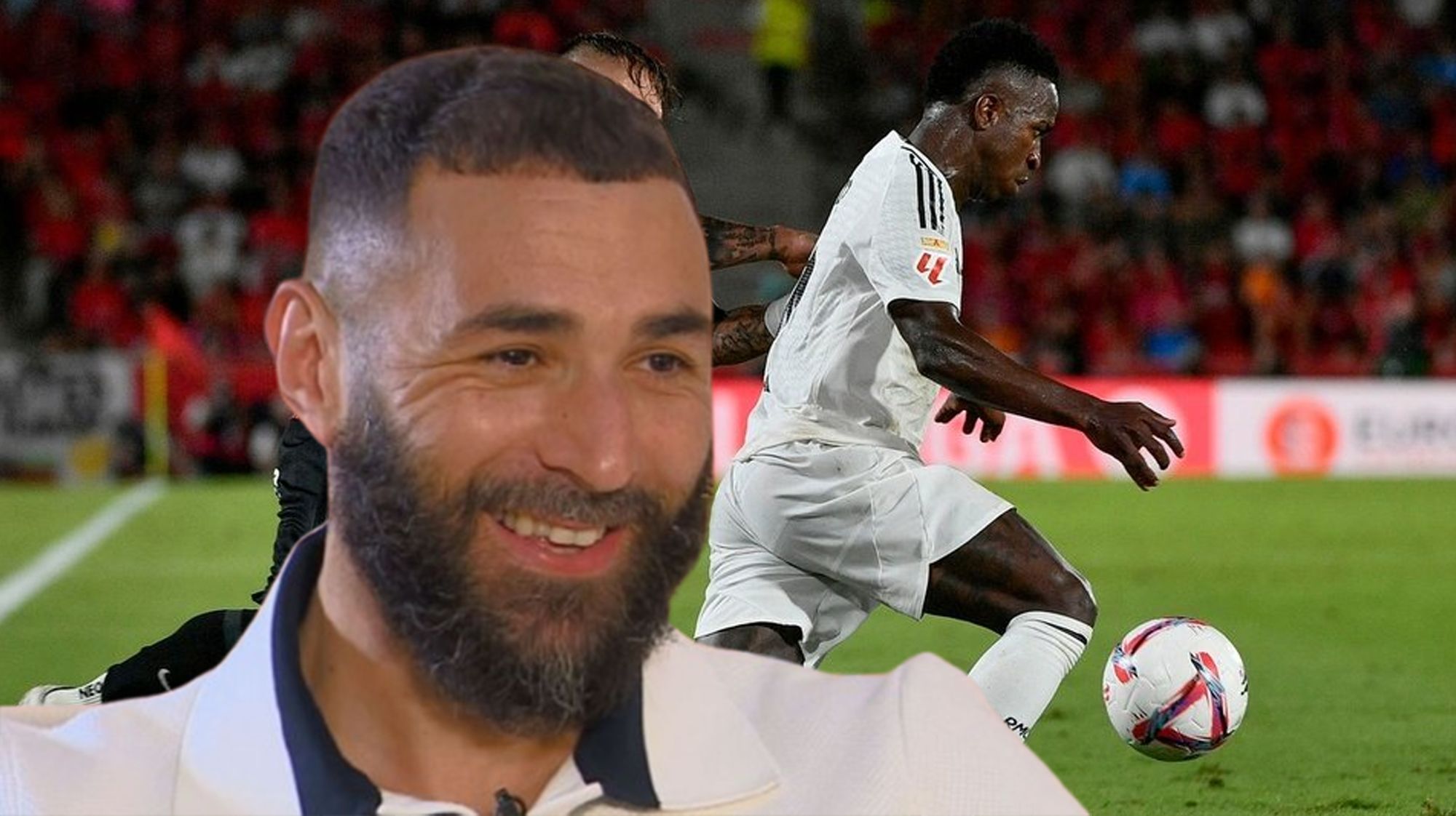 Karim Benzema y Vinícius regateando a Maffeo.