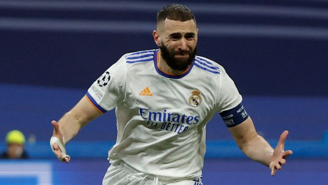 Karim Benzema, celebrando un gol del Real Madrid en Champions