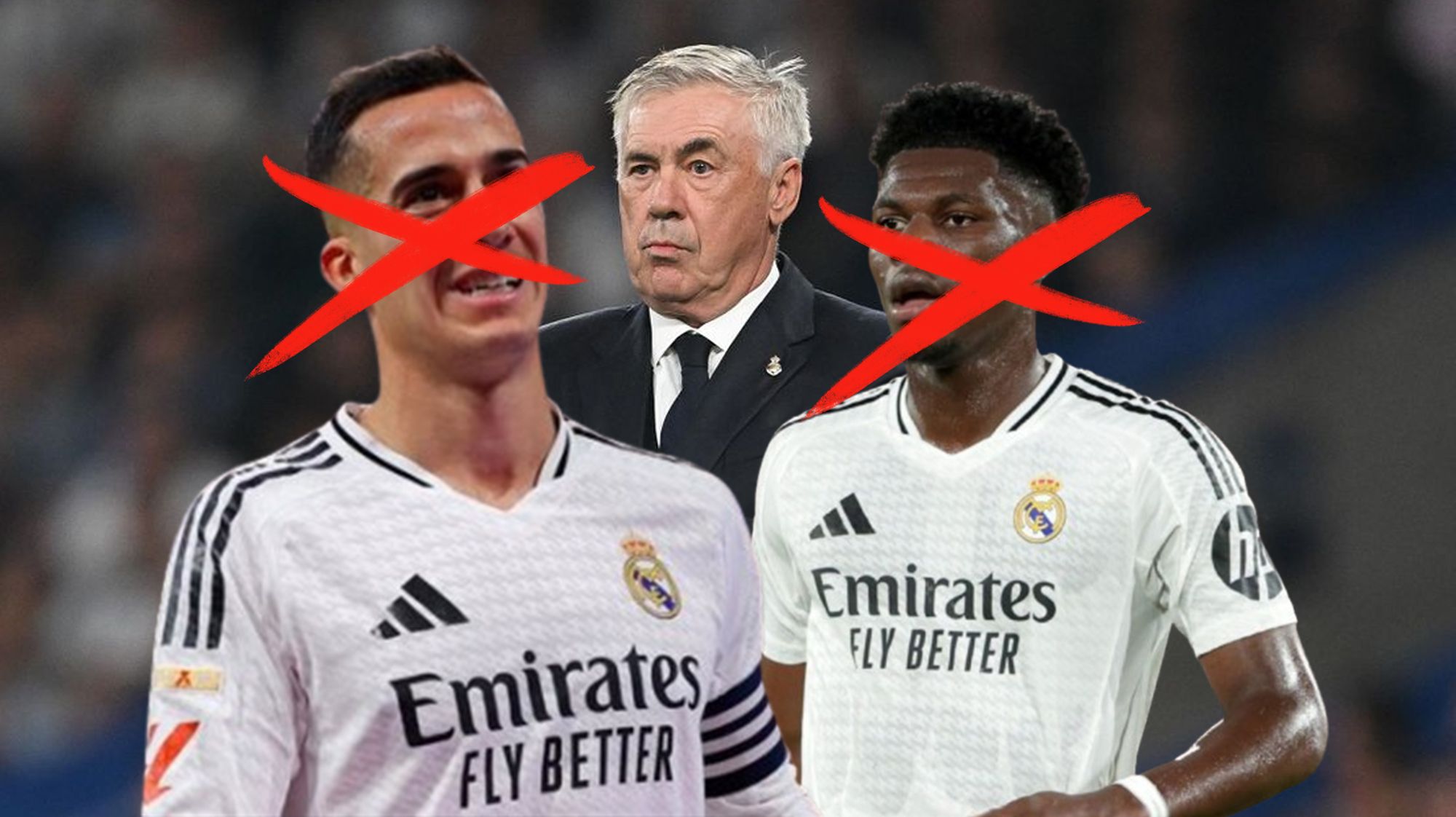 Lucas Vázquez, Carlo Ancelotti y Aurélien Tchouaméni.