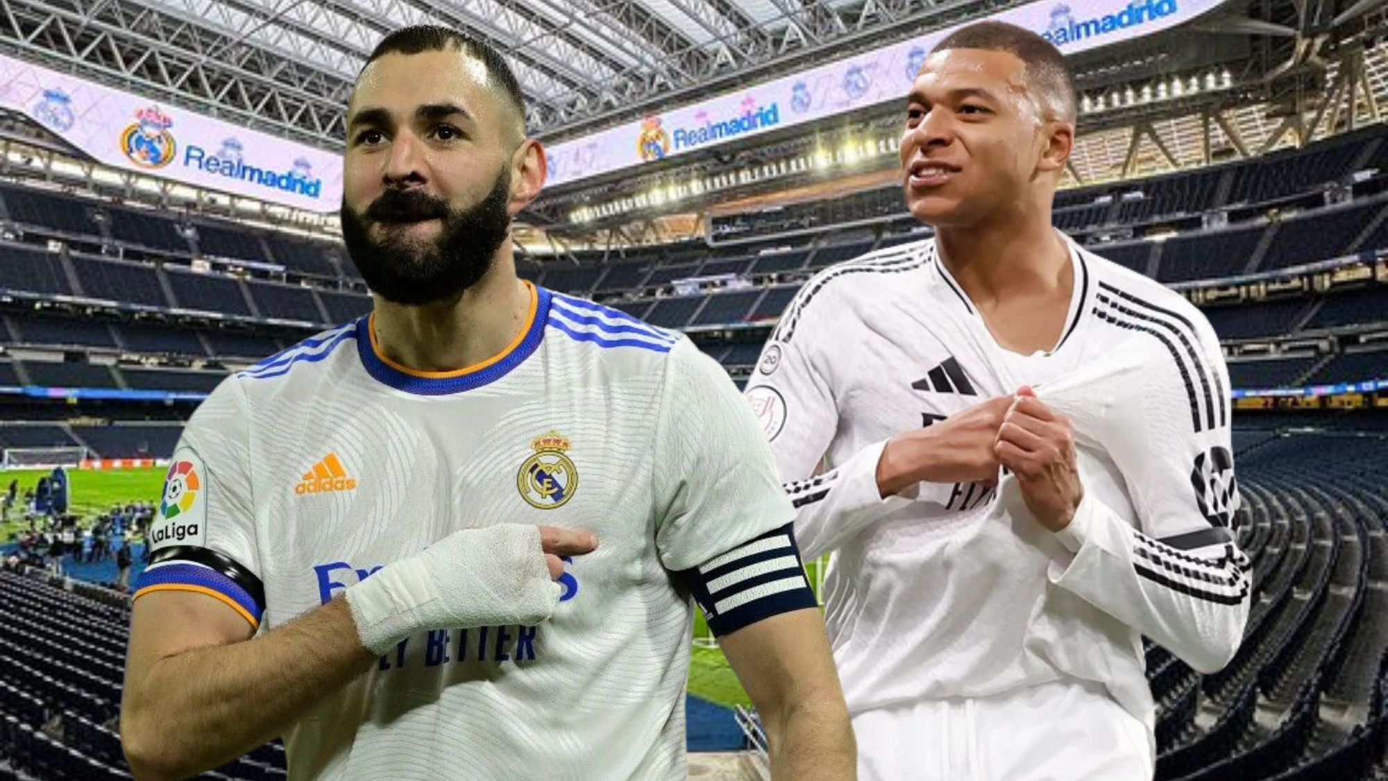 Benzema Mbappé señalando escudo