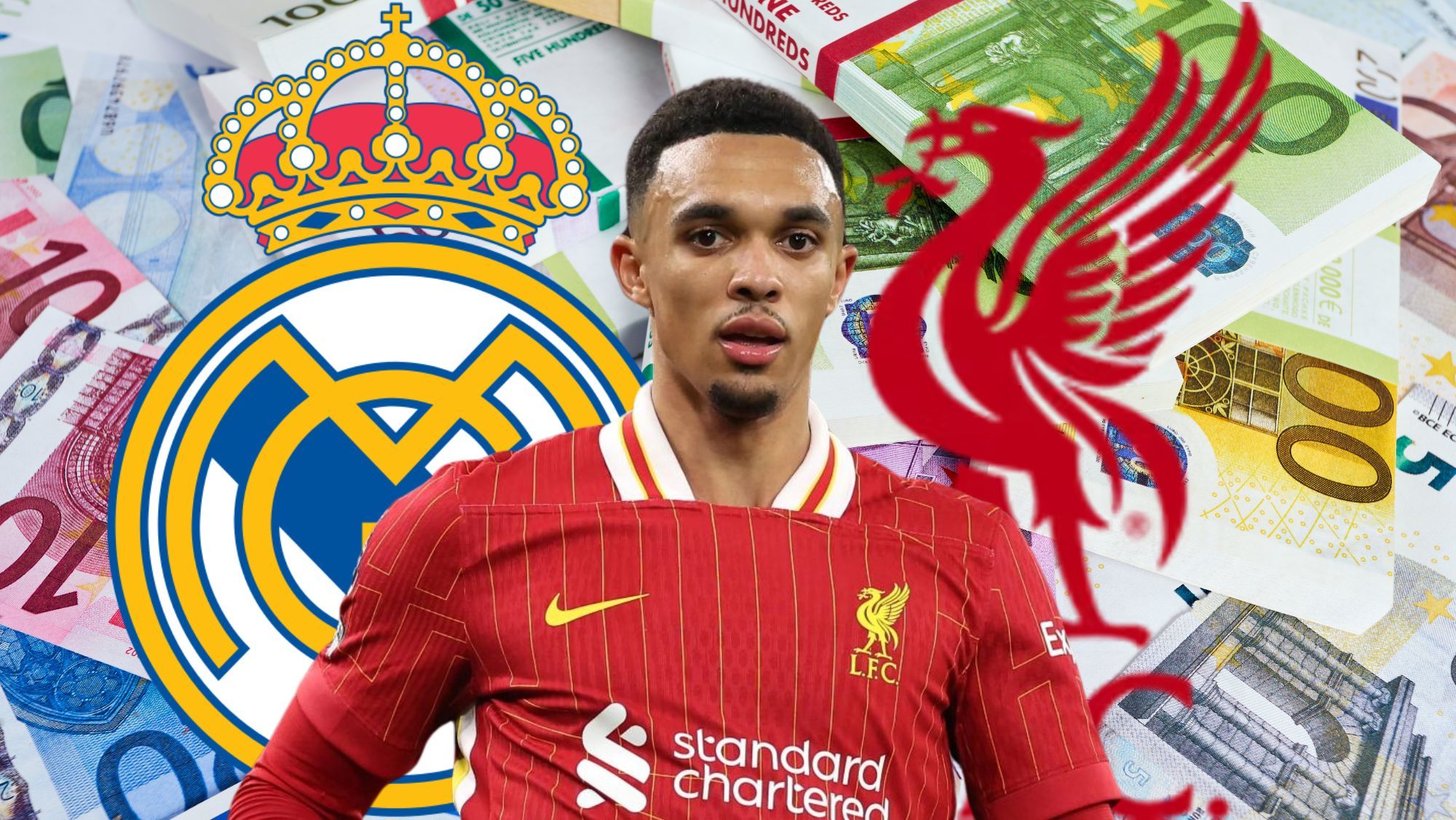 escudo del Real Madrid y Arnold con el Liverpool escudo del Real Madrid y Arnold con el Liverpool