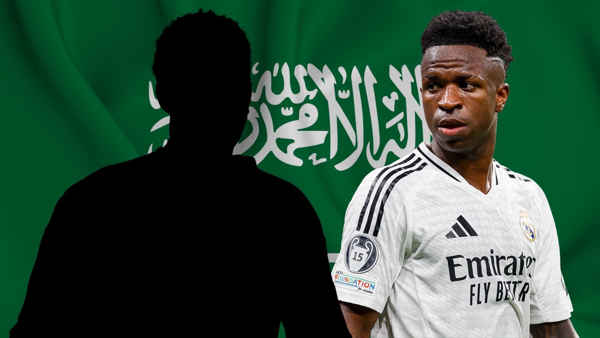 Vinicius y silueta de Bellingham sobre Arabia Saudí