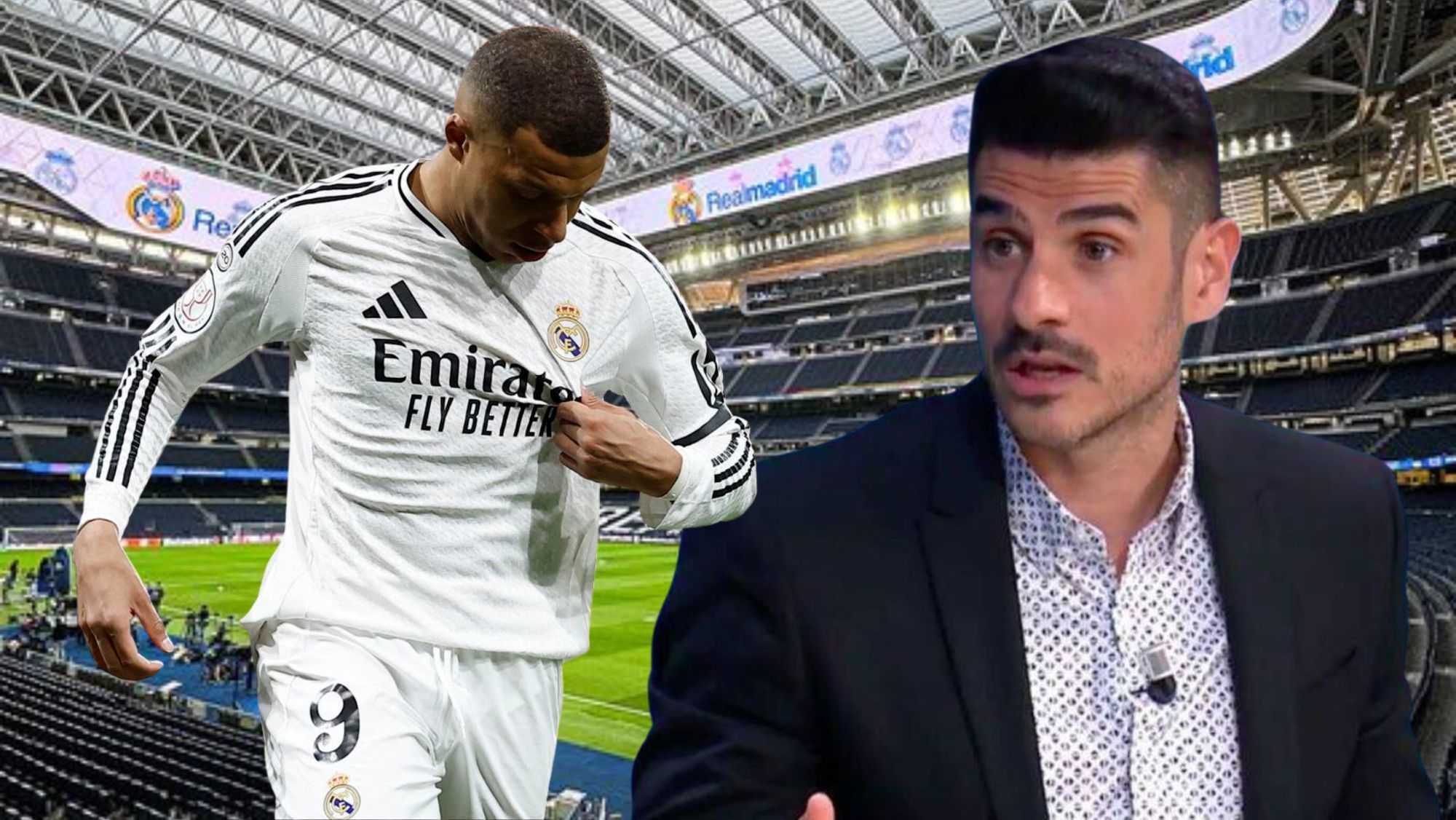 Mbappé y Álvaro Benito sobre un fondo del Bernabéu Mbappé y Álvaro Benito sobre un fondo del Bernabéu