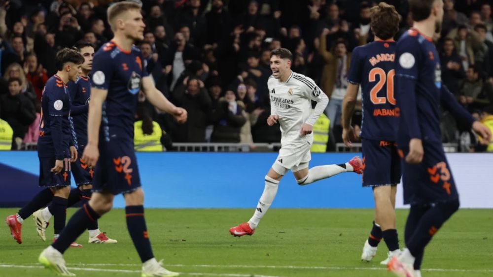 Fede Valverde, celebrando un gol que marcó ante el Celta en los octavos de final de la Copa. Fede Valverde, celebrando un gol que marcó ante el Celta en los octavos de final de la Copa.