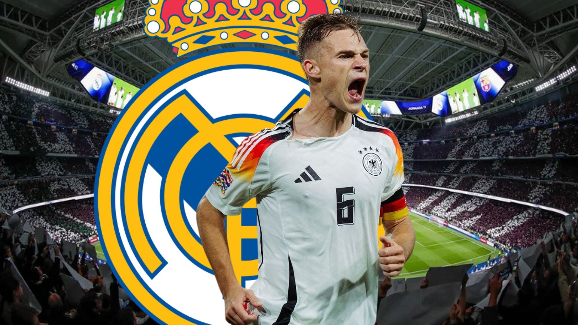 Santiago Bernabéu, escudo del Real Madrid y Kimmich