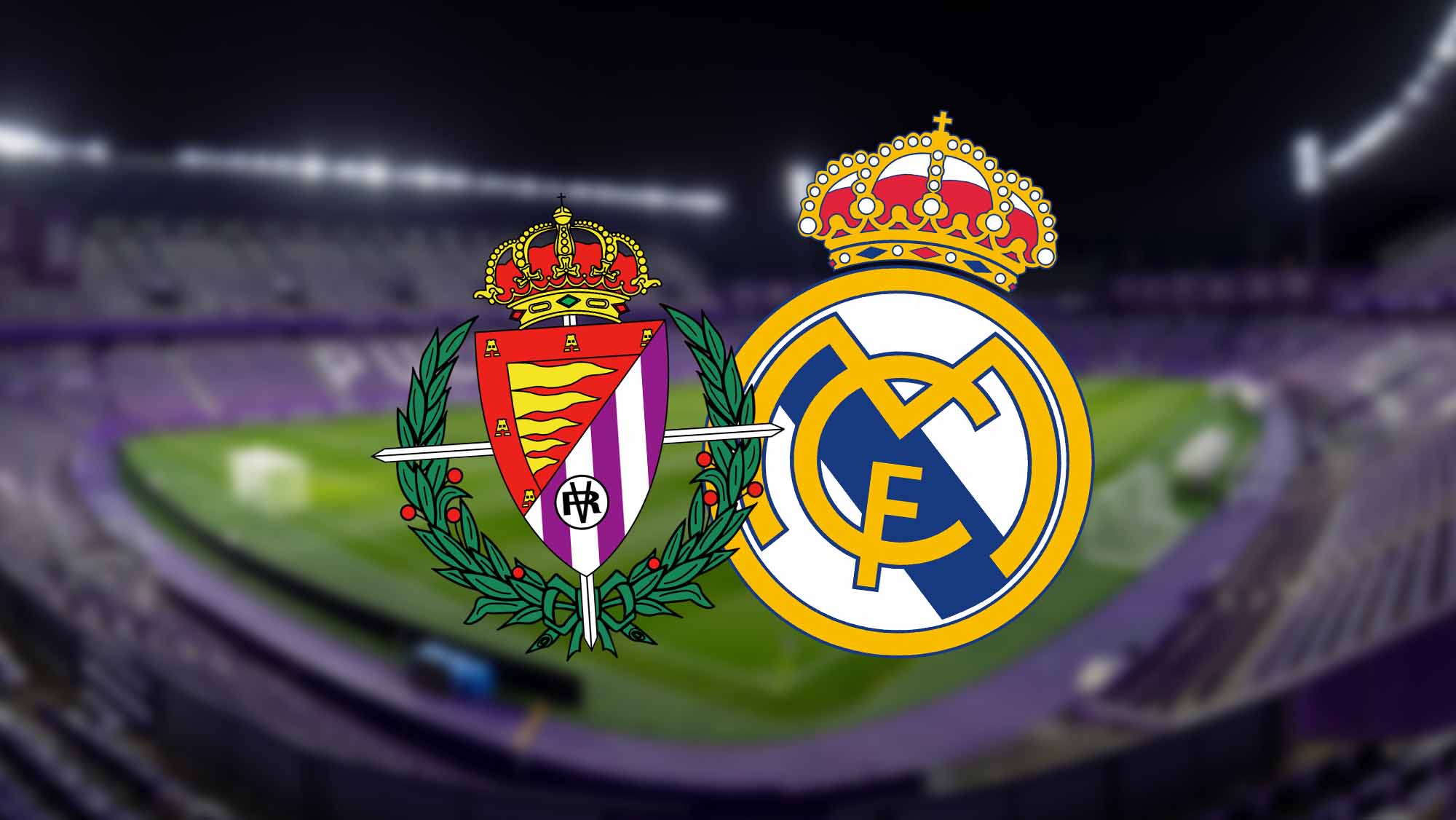 Escudos Valldolid y Real Madrid con fondo del estadio
