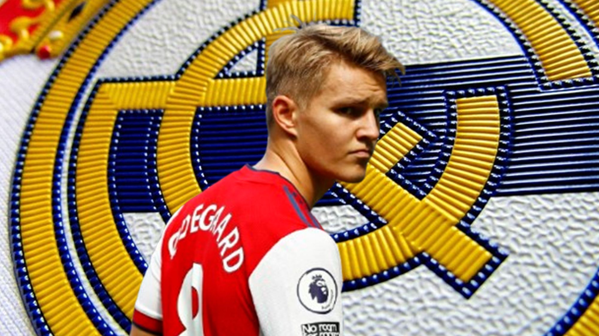 Martin Odegaard y escudo del Real Madrid. 