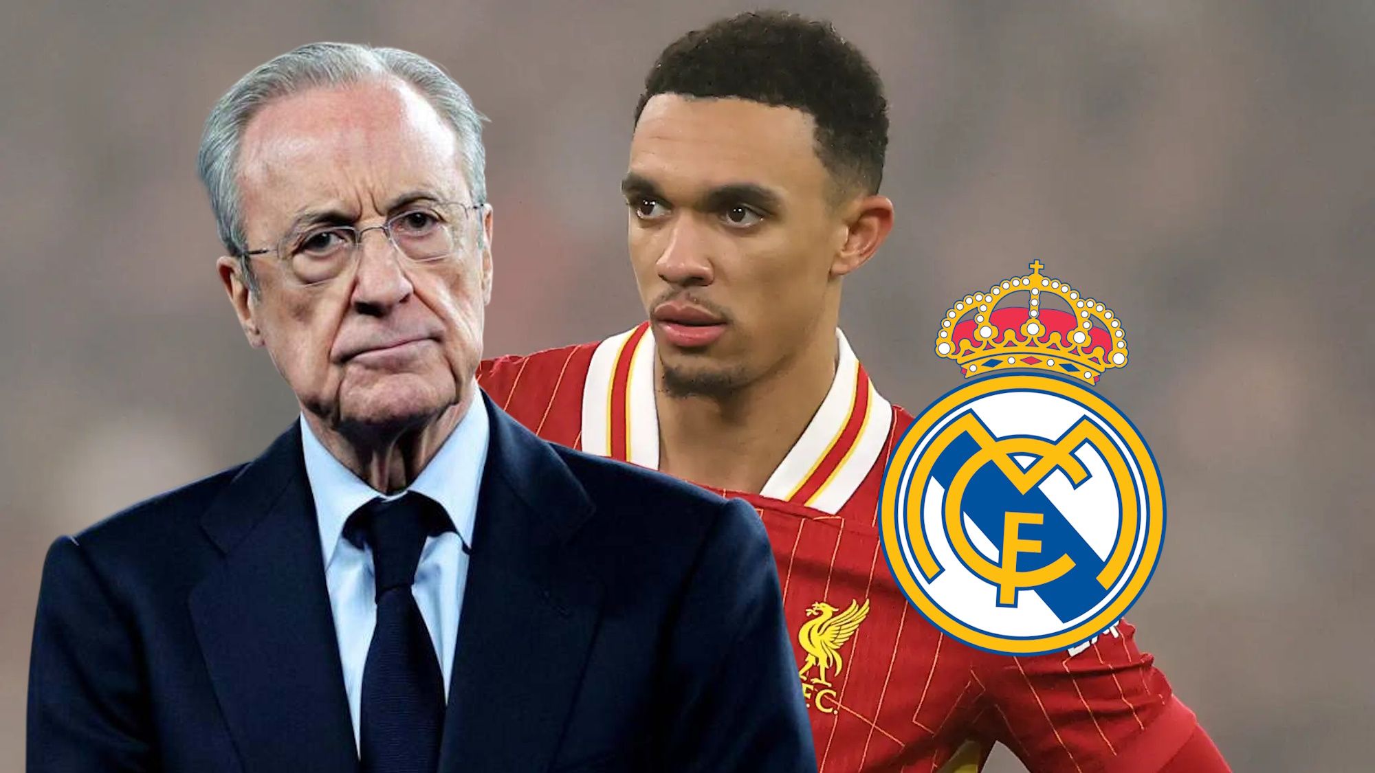 Alexander Arnold serio y Florentino Pérez con escudo del Real Madrid