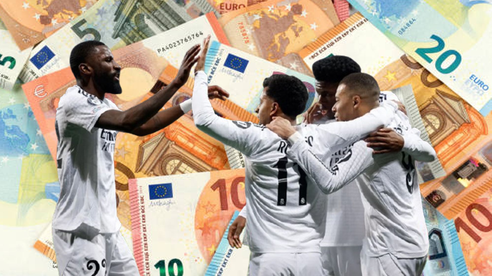 Jugadores del Real Madrid celebrando un gol y billetes. 
