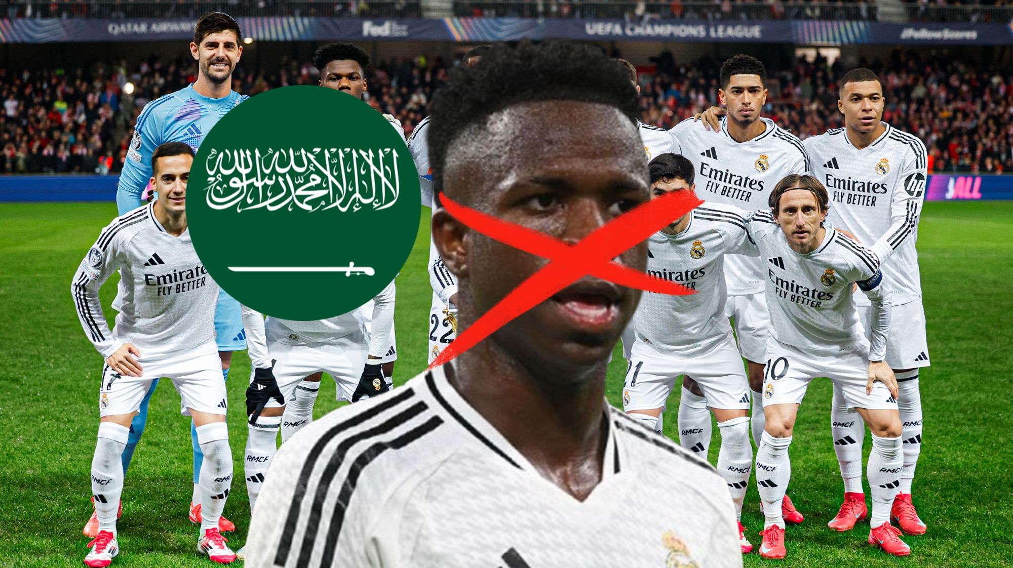 Vinícius Júnior, bandera de Arabia Saudita y el once del Real Madrid ante el Brest. Vinícius Júnior, bandera de Arabia Saudita y el once del Real Madrid ante el Brest.
