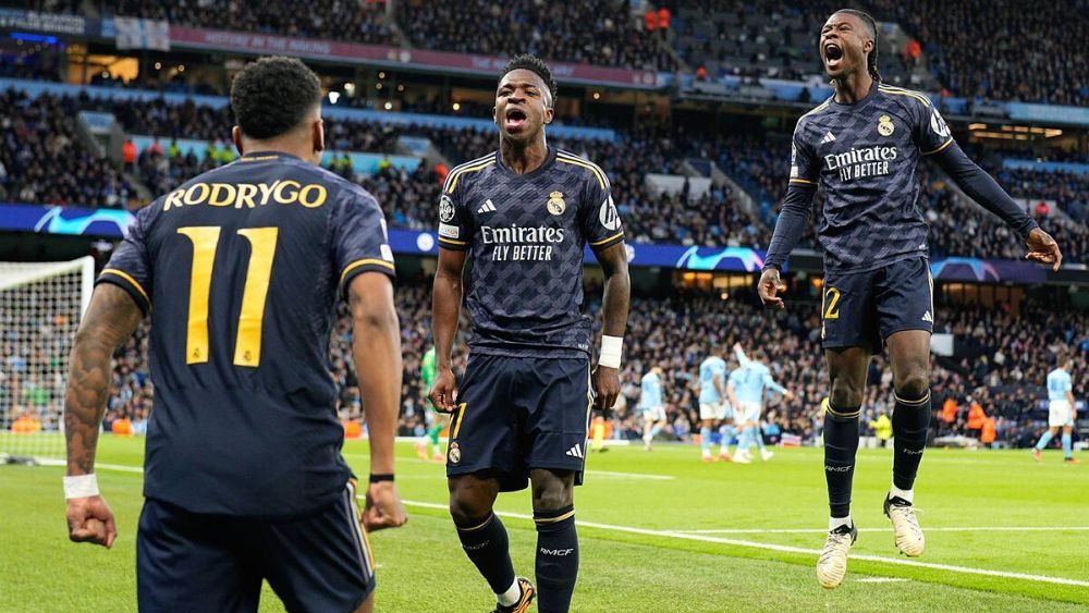 Rodrygo, celebrando su gol ante el City en el último enfrentamiento contra los ingleses, junto a Vinicius y Eduardo Camavinga. Rodrygo, celebrando su gol ante el City en el último enfrentamiento contra los ingleses, junto a Vinicius y Eduardo Camavinga.