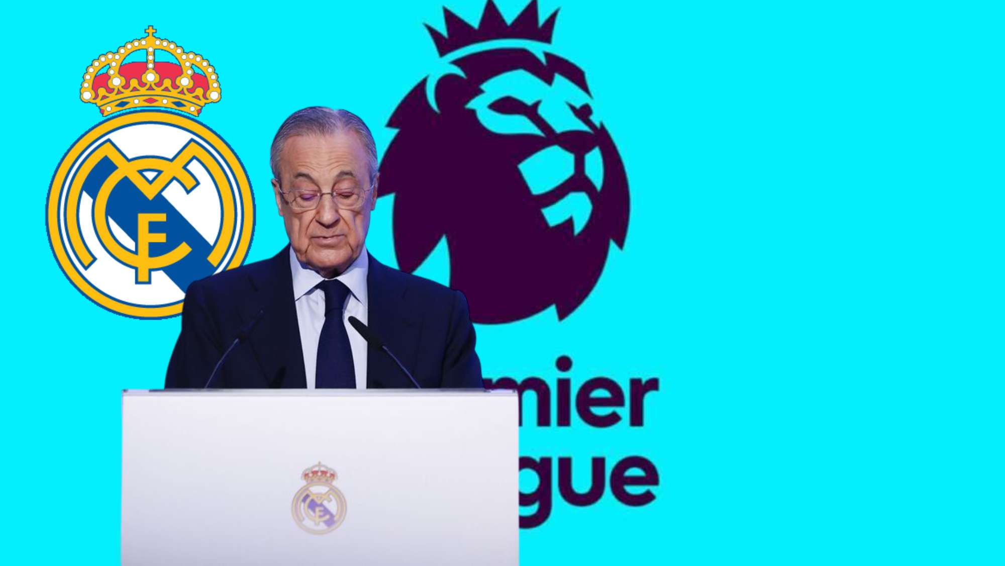 Florentino hablando con un escudo del Real Madrid y el logo de la Premier