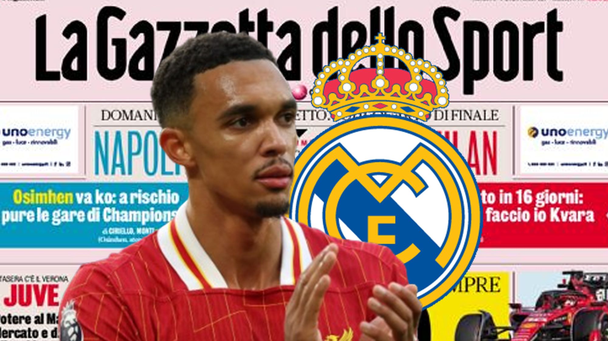 Alexander-Arnold, el escudo del Real Madrid y la porta de La Gazzetta dello Sport. Alexander-Arnold, el escudo del Real Madrid y la porta de La Gazzetta dello Sport.