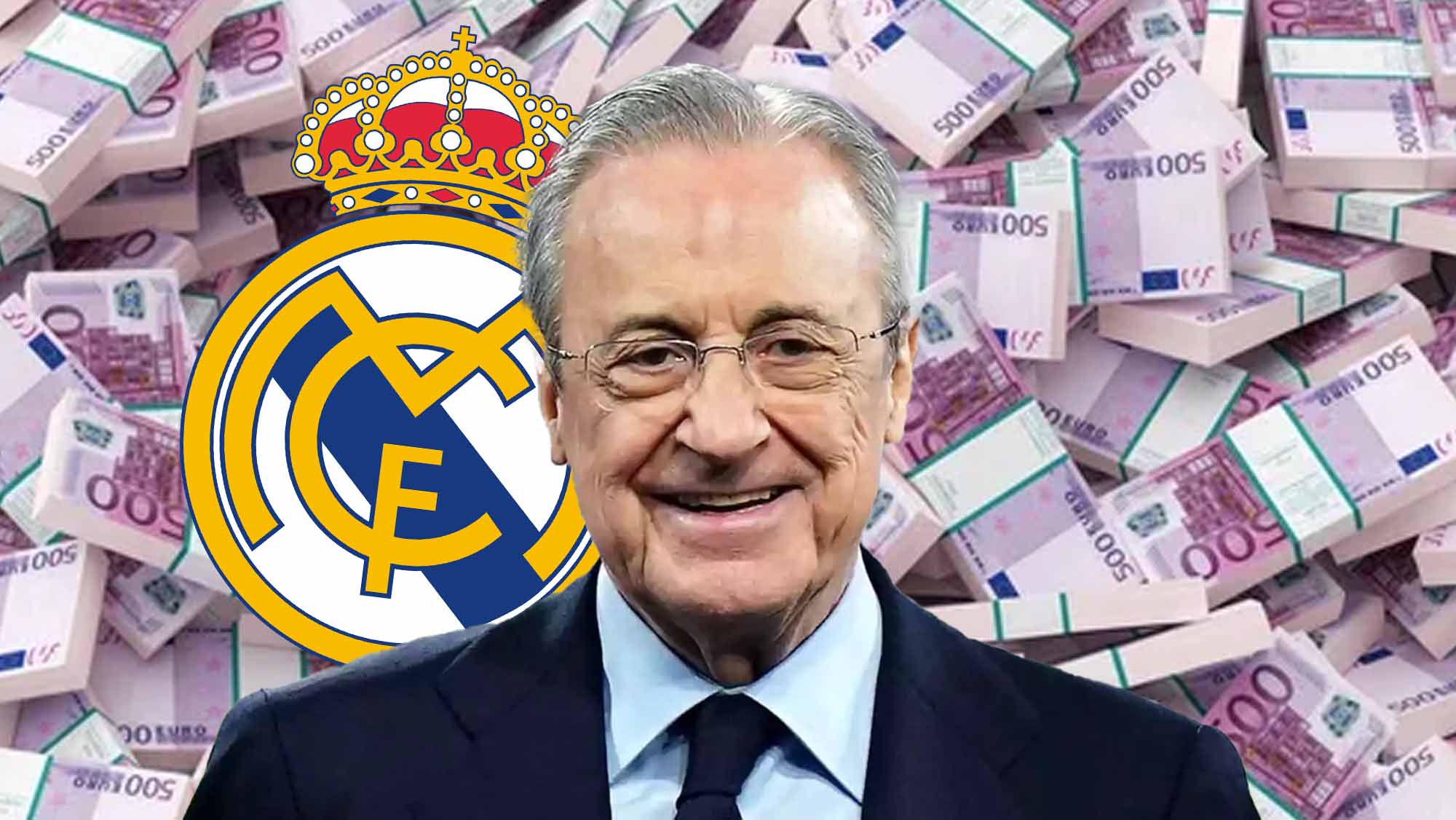Florentino Pérez sonriendo con pila de dinero