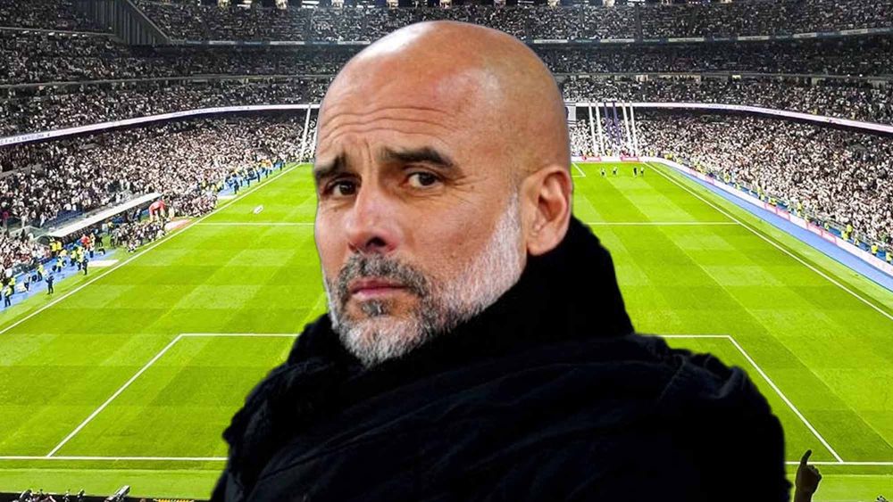 Pep Guardiola con Bernabéu de fondo Pep Guardiola con Bernabéu de fondo