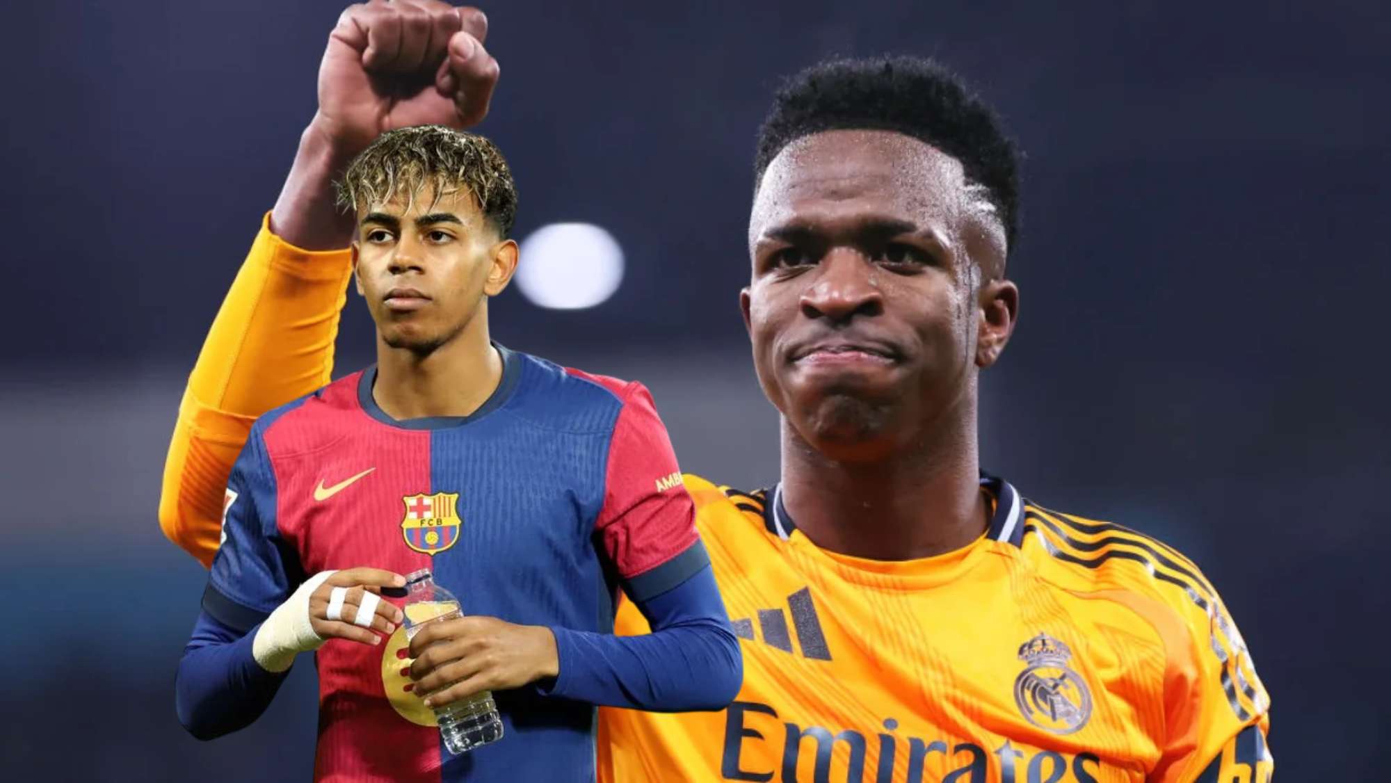 Vinicius celebrando y Lamine Yamal