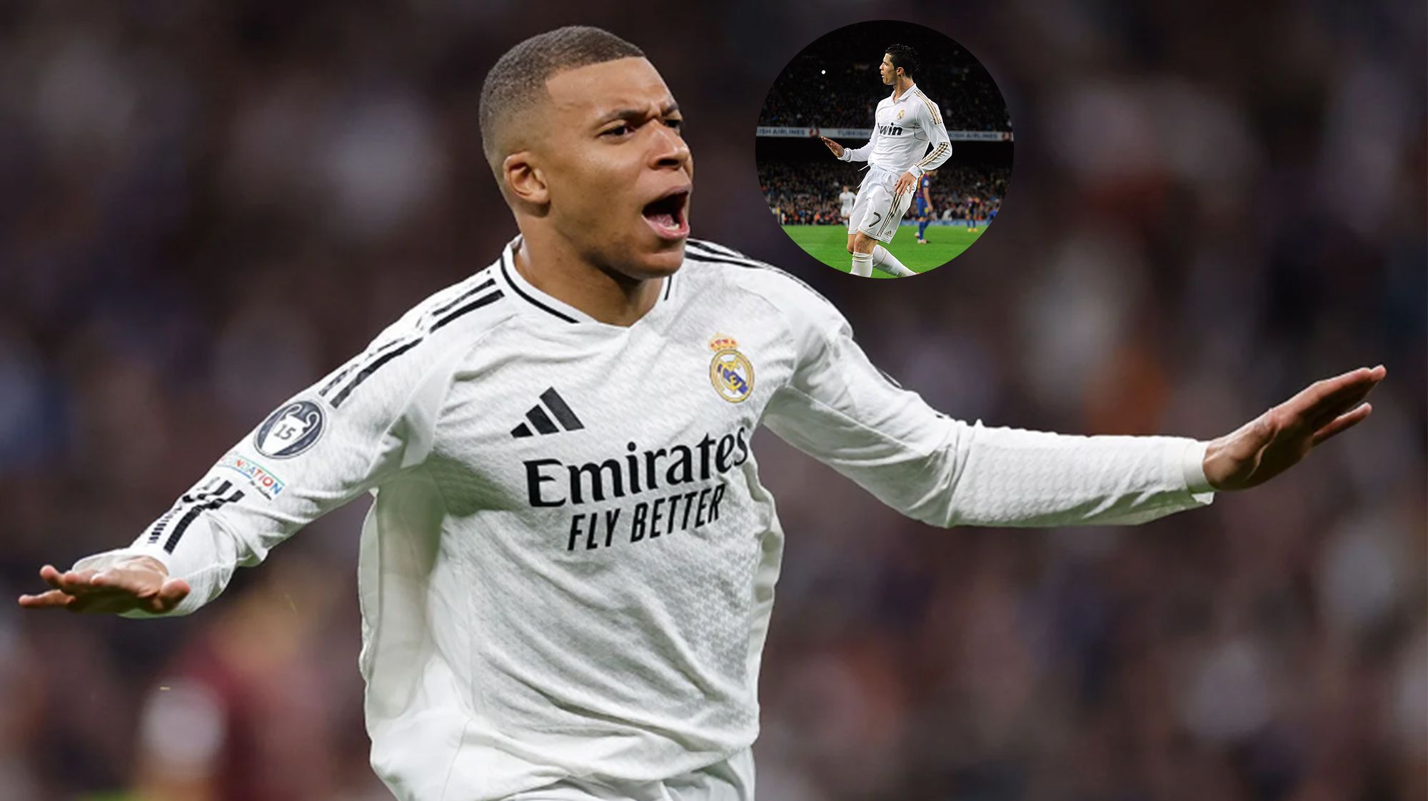 Kylian Mbappé celebrando un gol contra el Manchester City y una foto de Cristiano.
