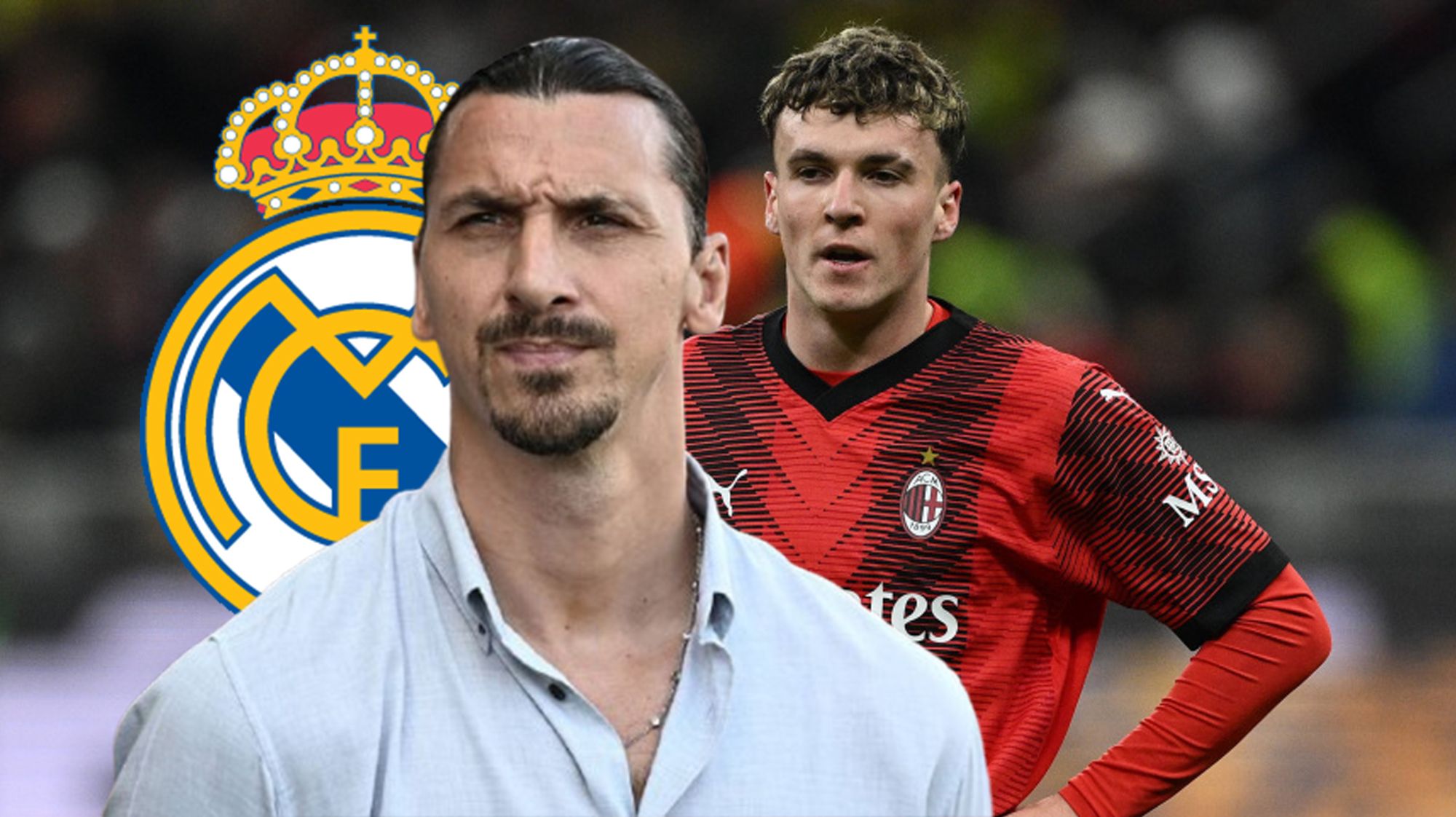 Ibrahimovic, Jiménez y un escudo del Real Madrid. Ibrahimovic, Jiménez y un escudo del Real Madrid.