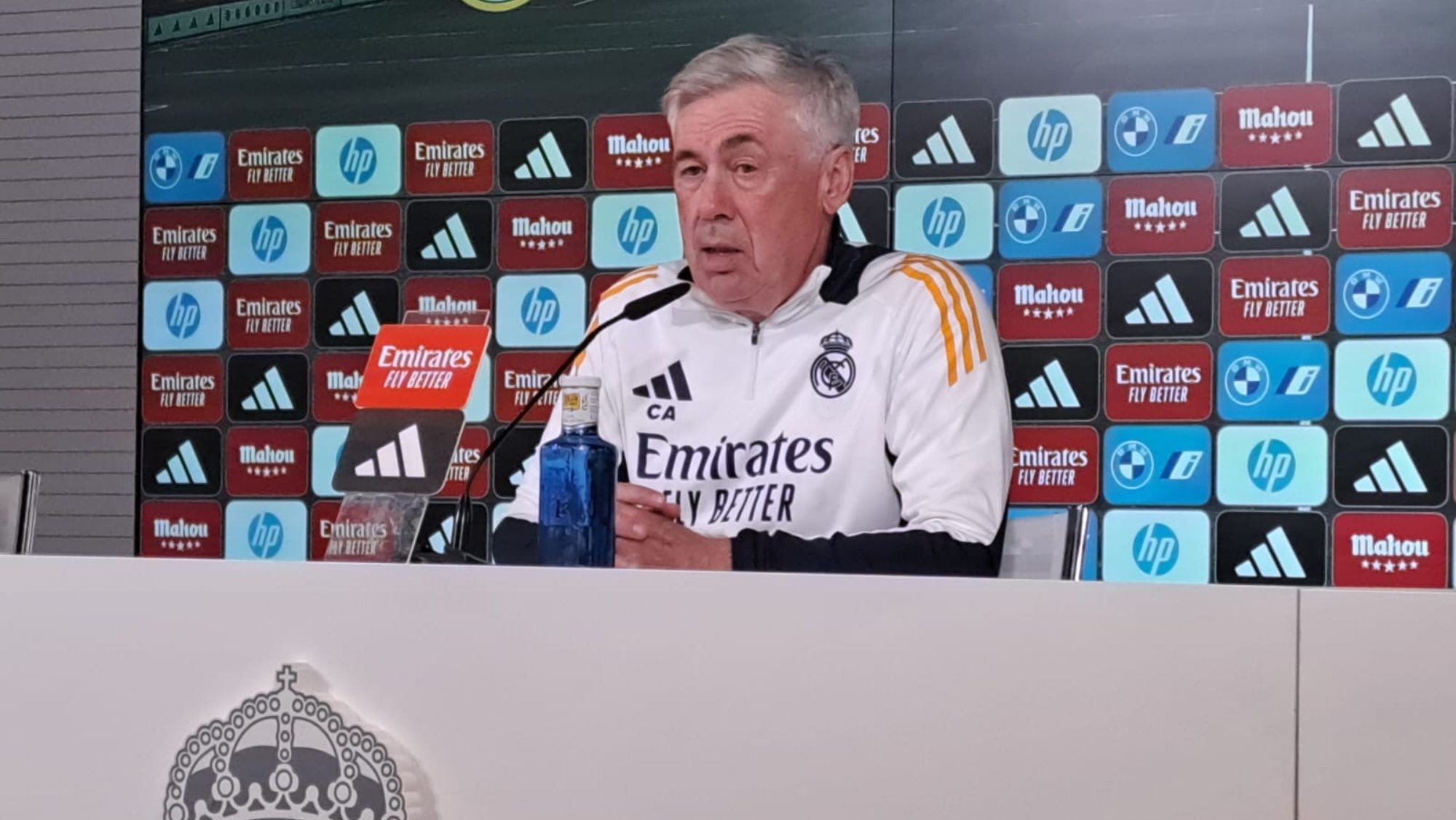 Carlo Ancelotti, en la rueda de prensa de esta mañana que ha ofrecido desde la Ciudad Deportiva de Valdebebas.